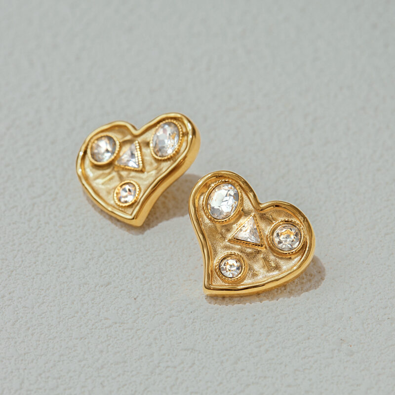 Luxury Women's 18K Gold Stainless Steel & Zircon White Heart-Shaped Stud Earrings - Image 2