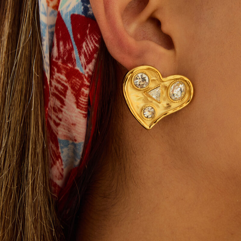 Luxury Women's 18K Gold Stainless Steel & Zircon White Heart-Shaped Stud Earrings - Image 3