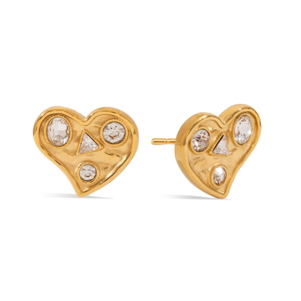 Luxury Women's 18K Gold Stainless Steel & Zircon White Heart-Shaped Stud Earrings