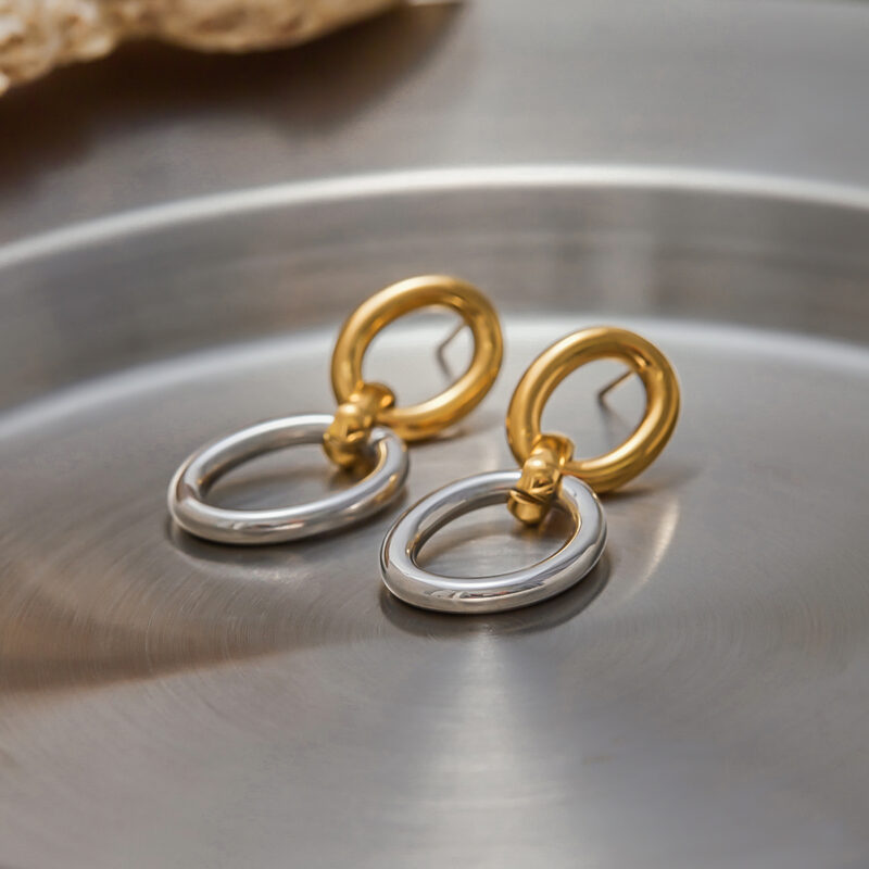 18K Gold Stainless Steel Double Oval Earrings - Hollow Link Two-Tone Classic Jewelry for Women - Image 2