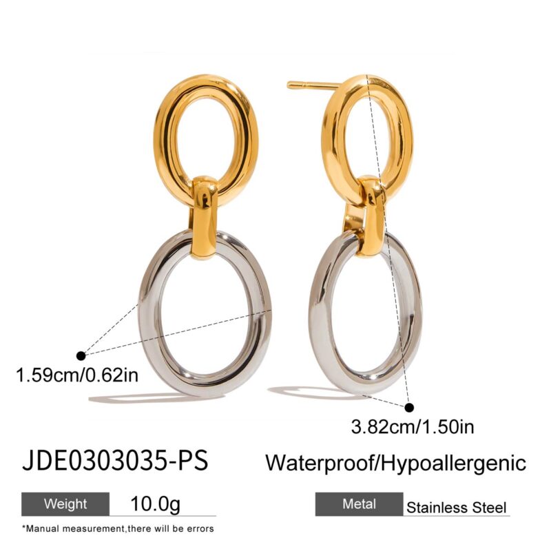 18K Gold Stainless Steel Double Oval Earrings - Hollow Link Two-Tone Classic Jewelry for Women - Image 5