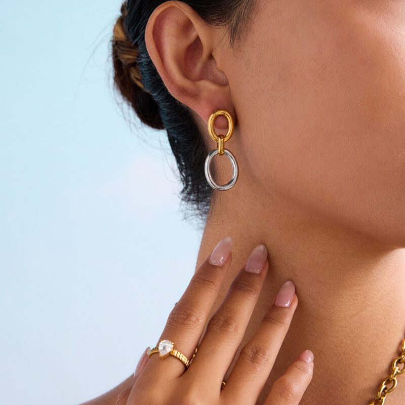 18K Gold Stainless Steel Double Oval Earrings - Hollow Link Two-Tone Classic Jewelry for Women - Image 3
