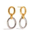 18K Gold Stainless Steel Double Oval Earrings - Hollow Link Two-Tone Classic Jewelry for Women