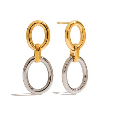 18K Gold Stainless Steel Double Oval Earrings - Hollow Link Two-Tone Classic Jewelry for Women