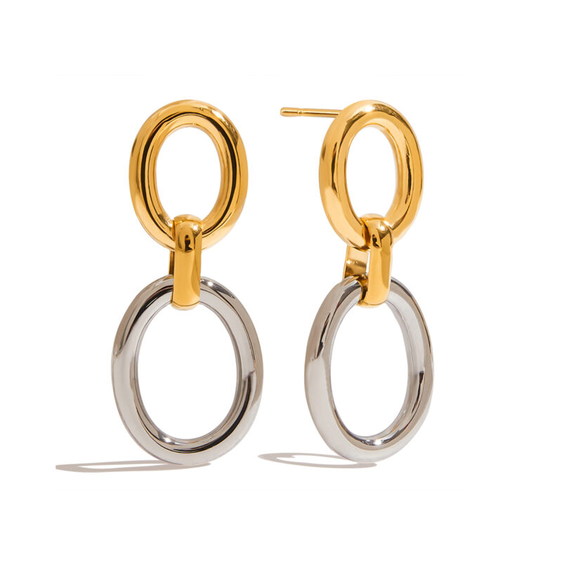 18K Gold Stainless Steel Double Oval Earrings - Hollow Link Two-Tone Classic Jewelry for Women