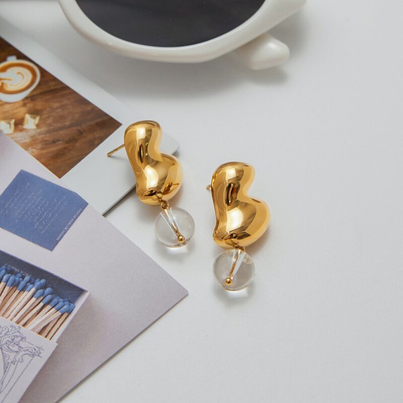 18K Gold Stainless Steel Glass Bead Earrings - Irregular Glossy Pendant Dangle Earrings, Modern Minimalist Jewelry - Image 5