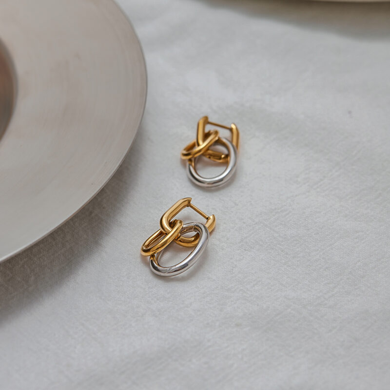 18K Gold Stainless Steel U-Hoop Earrings - Double Hollow Ring Two-Tone Classic Jewelry for Women - Image 2