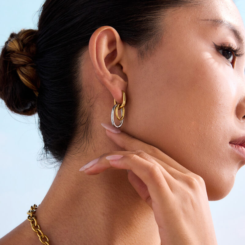 18K Gold Stainless Steel U-Hoop Earrings - Double Hollow Ring Two-Tone Classic Jewelry for Women - Image 3