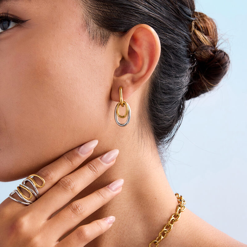 18K Gold Stainless Steel U-Hoop Earrings - Double Hollow Ring Two-Tone Classic Jewelry for Women - Image 4