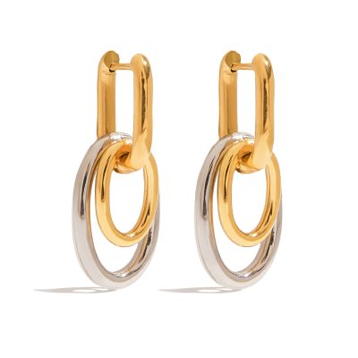 18K Gold Stainless Steel U-Hoop Earrings - Double Hollow Ring Two-Tone Classic Jewelry for Women