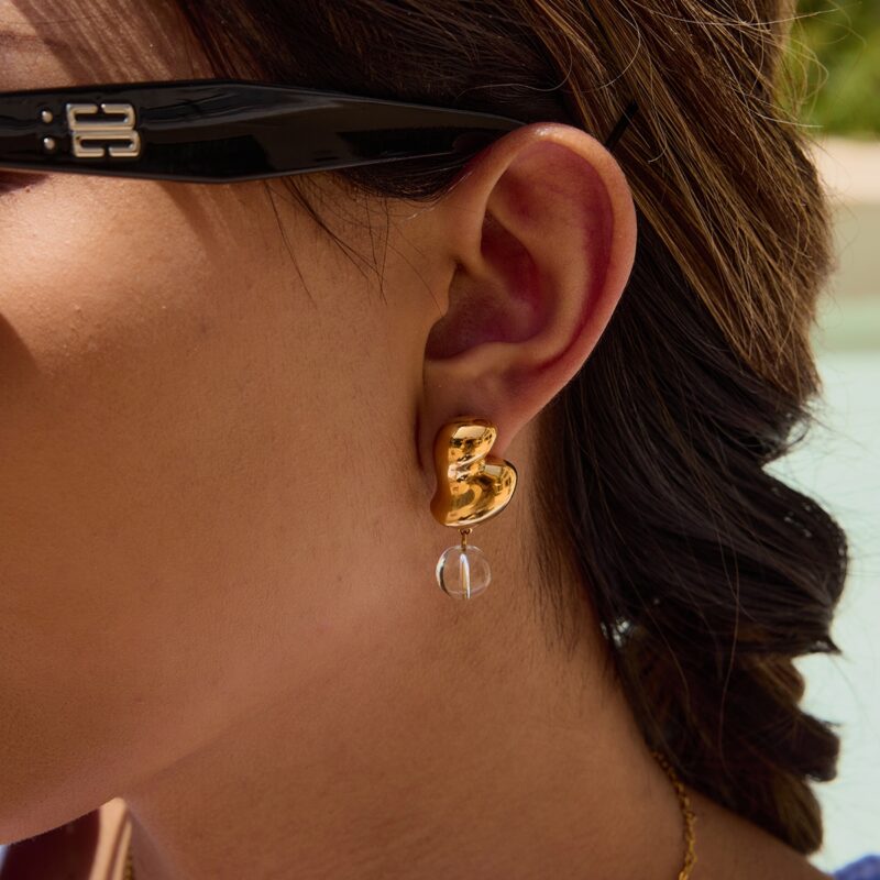 18K Gold Stainless Steel Glass Bead Earrings - Irregular Glossy Pendant Dangle Earrings, Modern Minimalist Jewelry - Image 2