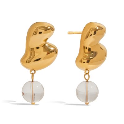 18K Gold Stainless Steel Glass Bead Earrings - Irregular Glossy Pendant Dangle Earrings, Modern Minimalist Jewelry