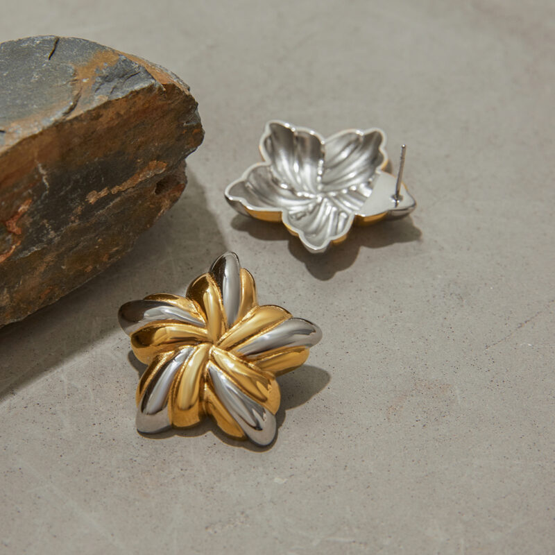 J&D New Trendy 18k Gold Stainless Steel Tarnish Free Gold Two Tone Ribbed Star Chunky Earrings - Image 2