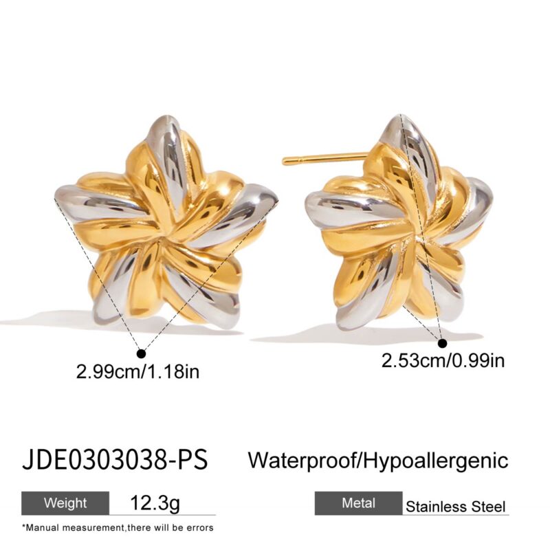 J&D New Trendy 18k Gold Stainless Steel Tarnish Free Gold Two Tone Ribbed Star Chunky Earrings - Image 5