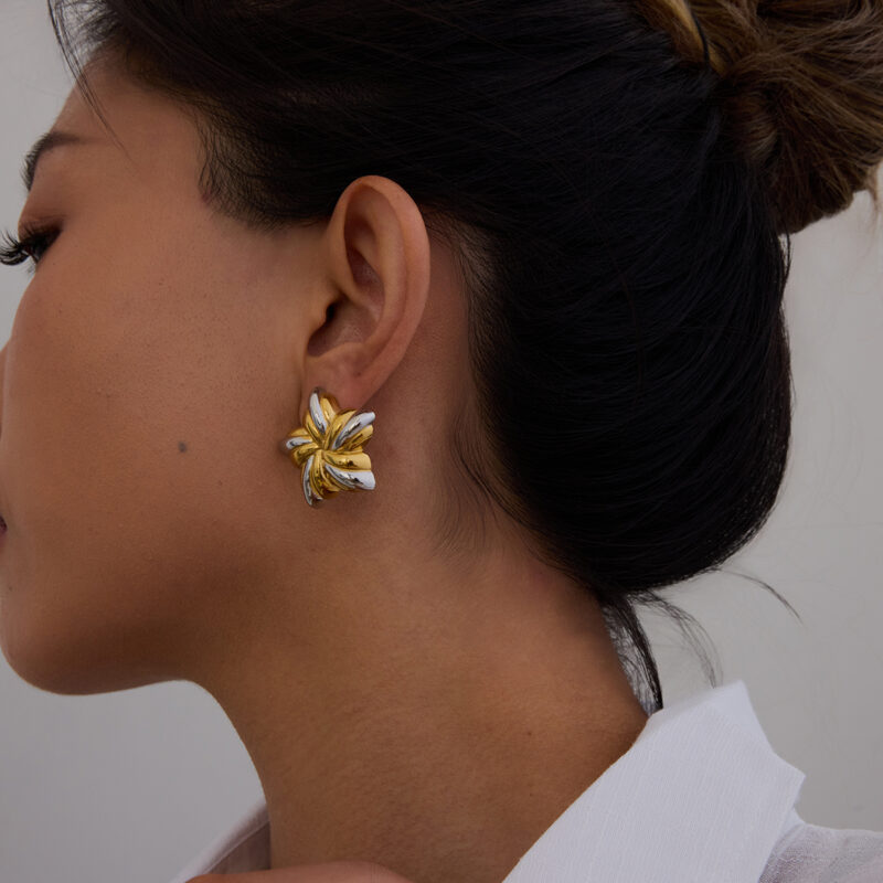 J&D New Trendy 18k Gold Stainless Steel Tarnish Free Gold Two Tone Ribbed Star Chunky Earrings - Image 3