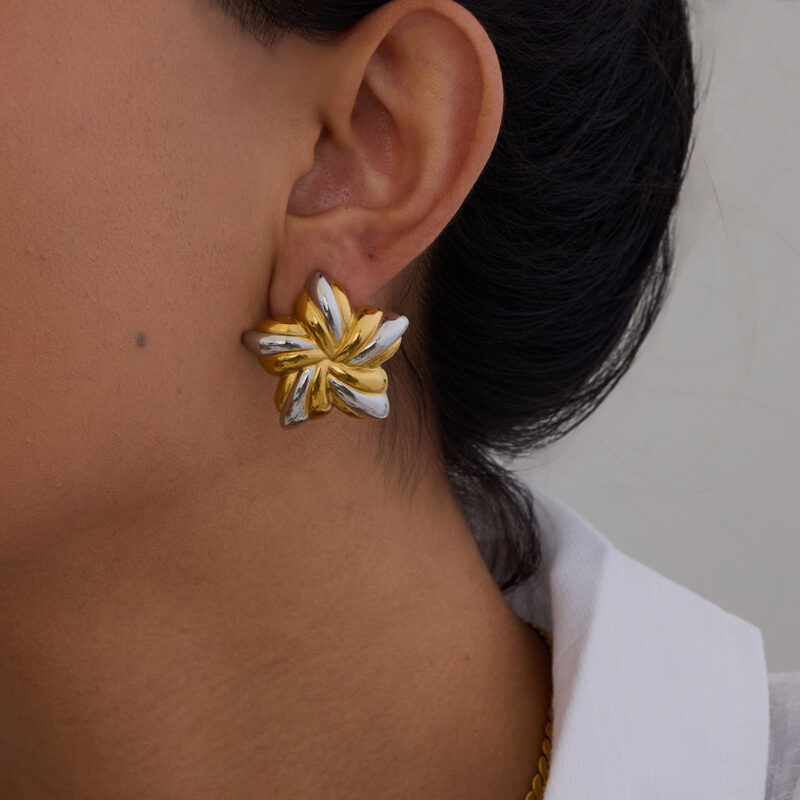 J&D New Trendy 18k Gold Stainless Steel Tarnish Free Gold Two Tone Ribbed Star Chunky Earrings - Image 4