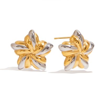 J&D New Trendy 18k Gold Stainless Steel Tarnish Free Gold Two Tone Ribbed Star Chunky Earrings