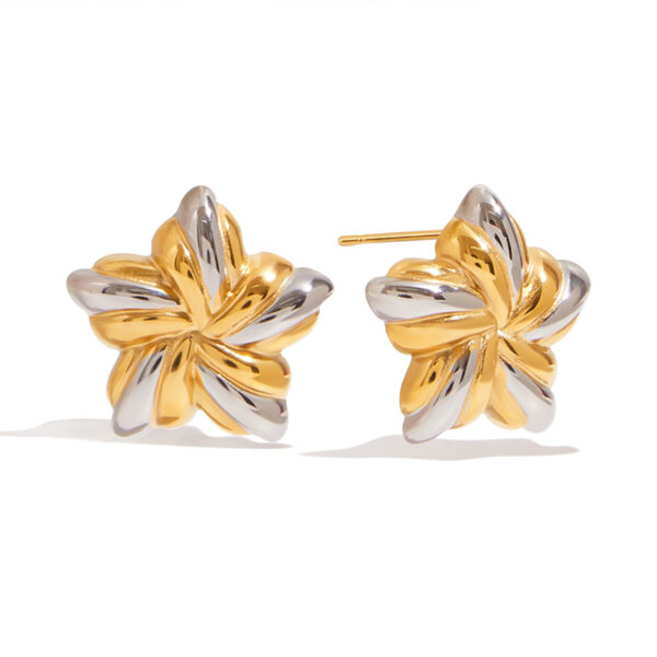 J&D New Trendy 18k Gold Stainless Steel Tarnish Free Gold Two Tone Ribbed Star Chunky Earrings