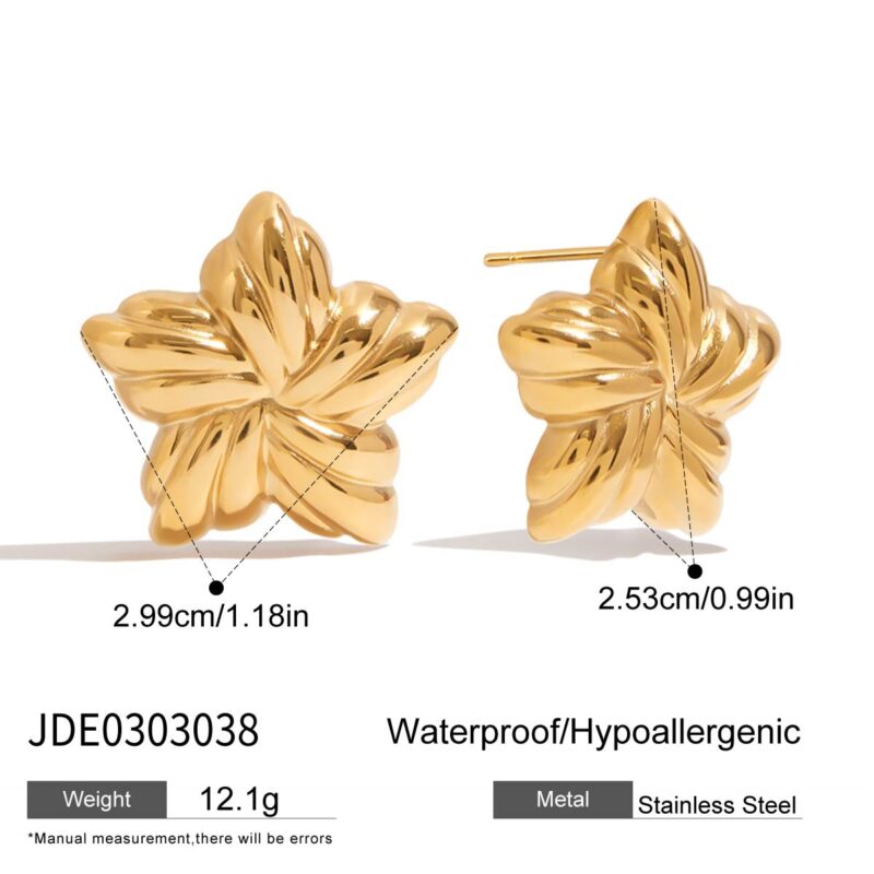 J&D New Trendy 18k Gold Stainless Steel Tarnish Free Gold Two Tone Ribbed Star Chunky Earrings - Image 5