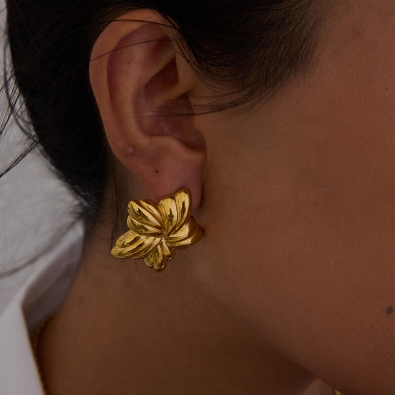 J&D New Trendy 18k Gold Stainless Steel Tarnish Free Gold Two Tone Ribbed Star Chunky Earrings - Image 2