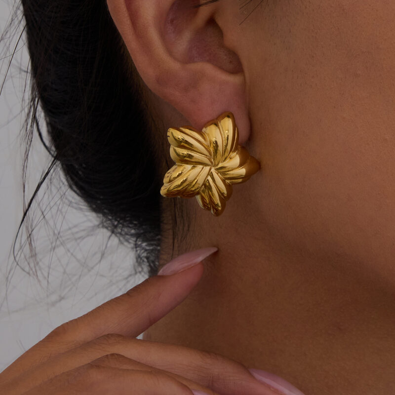 J&D New Trendy 18k Gold Stainless Steel Tarnish Free Gold Two Tone Ribbed Star Chunky Earrings - Image 3