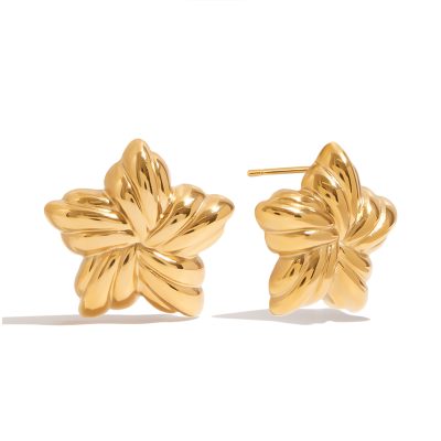 J&D New Trendy 18k Gold Stainless Steel Tarnish Free Gold Two Tone Ribbed Star Chunky Earrings