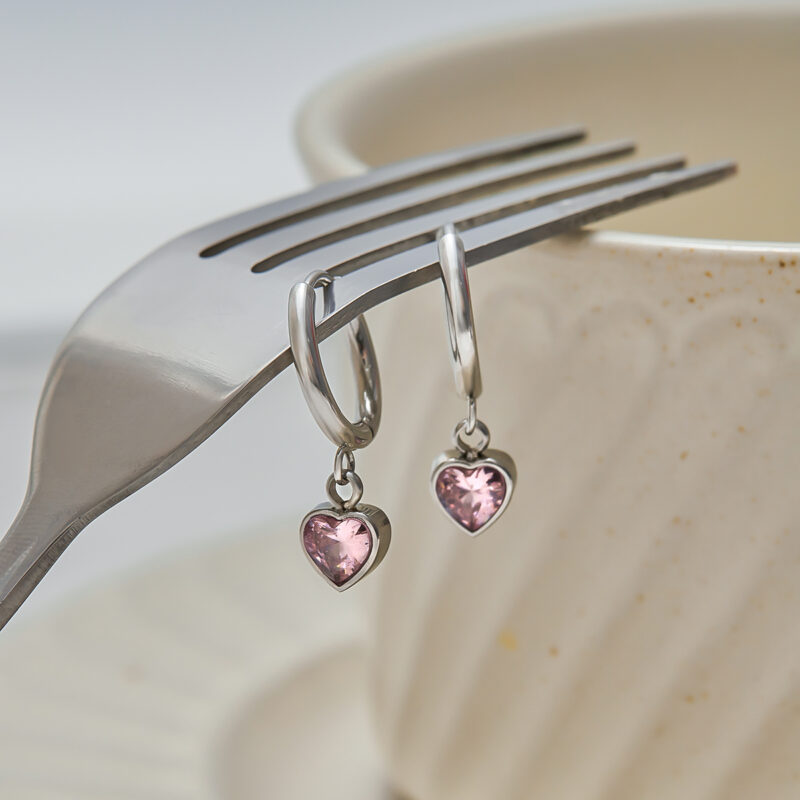 Classic Women's Steel Color Pink Zircon Heart Drop Earrings - Image 3