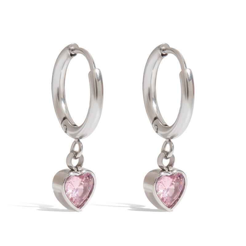 Classic Women's Steel Color Pink Zircon Heart Drop Earrings