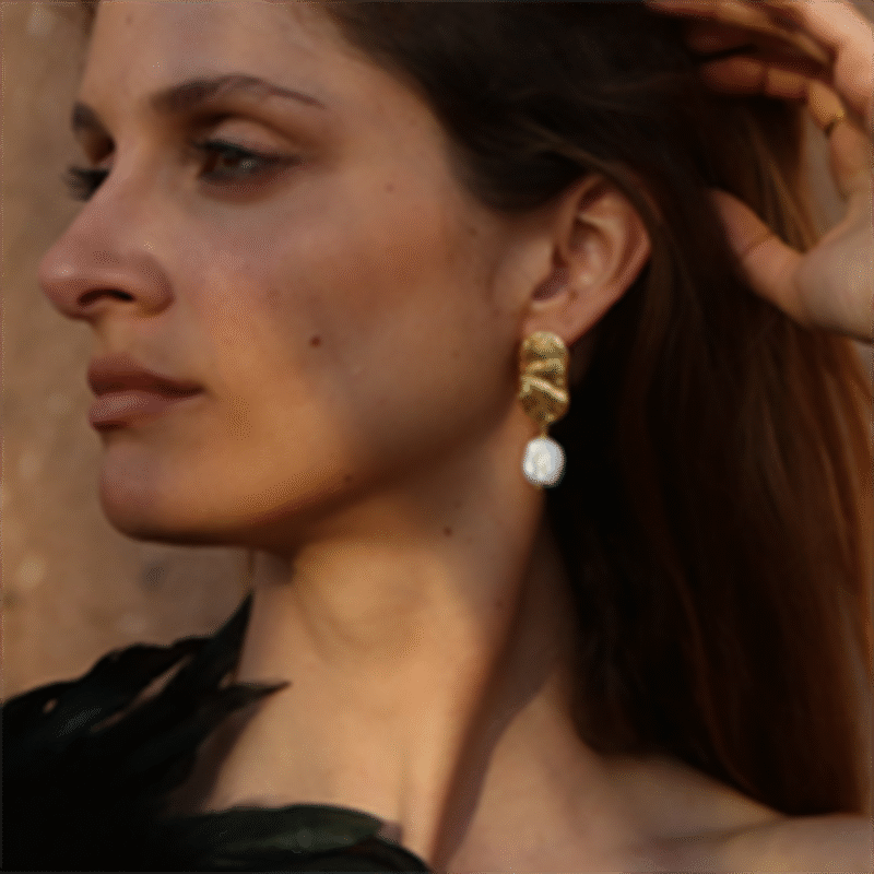 Elegant 18K Gold Stainless Steel Freshwater Pearl Earrings - Spiral Textured Dangle Earrings for Women, Pair - Image 4