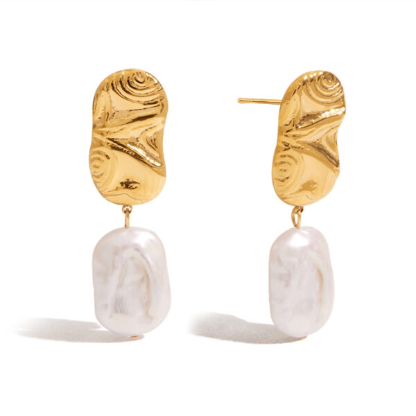 Elegant 18K Gold Stainless Steel Freshwater Pearl Earrings - Spiral Textured Dangle Earrings for Women, Pair