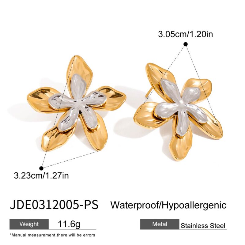 Designer Exquisite Stainless Steel Jewelry 18K Gold Two Tone Hammered Flower and Leaf Earrings - Image 6