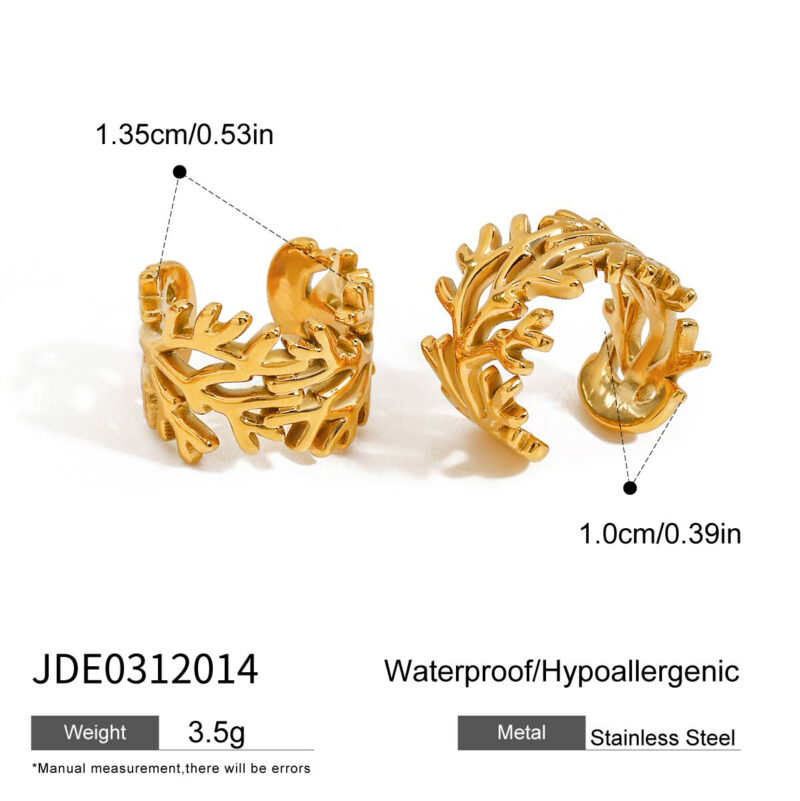 18k Gold Stainless Modern Minimalist 18K Gold Stainless Steel Glossy Tree Branch Hollow Open Ear Clip Earrings - Image 7