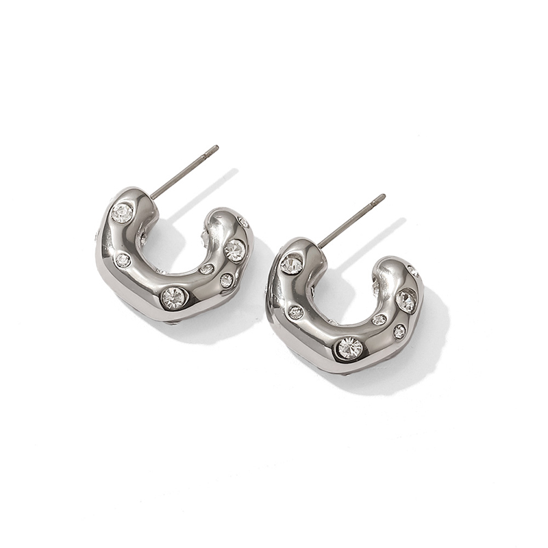Stainless Steel Special-shaped Hammer Pearl Zircon CC Shaped Earrings
