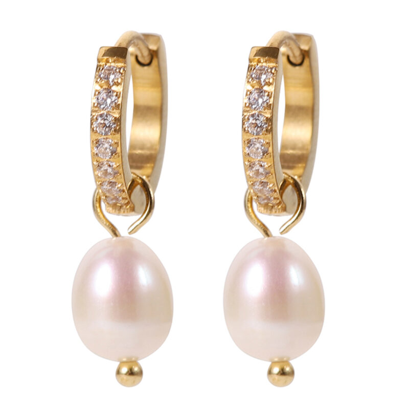 18k Gold Pvd Plated Stainless Steel Jewelry Cubic Zirconia Hoop Freshwater Pearl Pendant Earrings