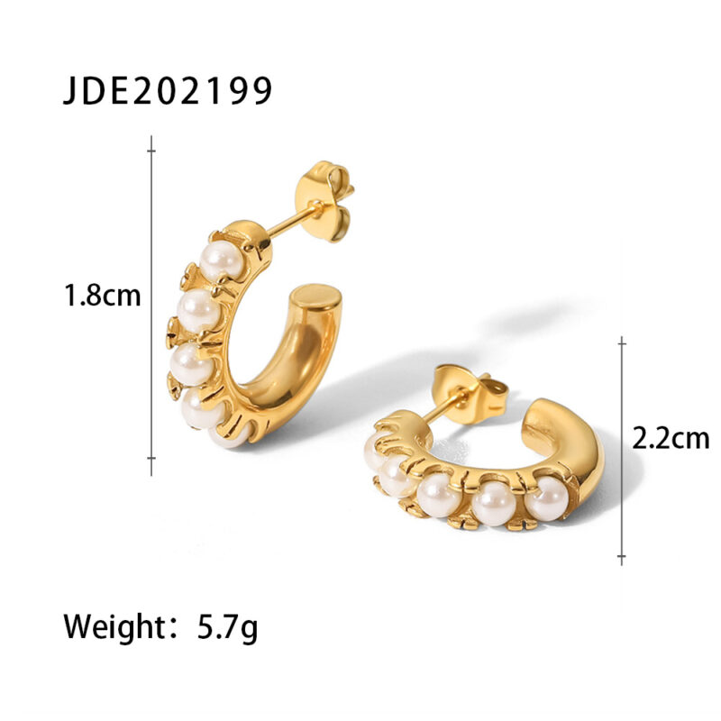 18k Gold Plated Stainless Steel Special-shaped Hammer Pearl Zircon CC Shaped Earrings - Image 3