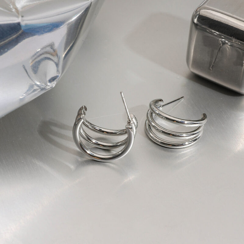 Women's Ultra Minimalist Stainless Steel Triple Line Hoop Earrings Pair - Image 2