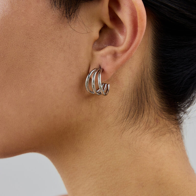 Women's Ultra Minimalist Stainless Steel Triple Line Hoop Earrings Pair - Image 3