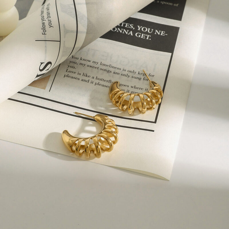 18K Gold Stainless Steel C-Shaped Hollow Hoop Earrings - Image 2