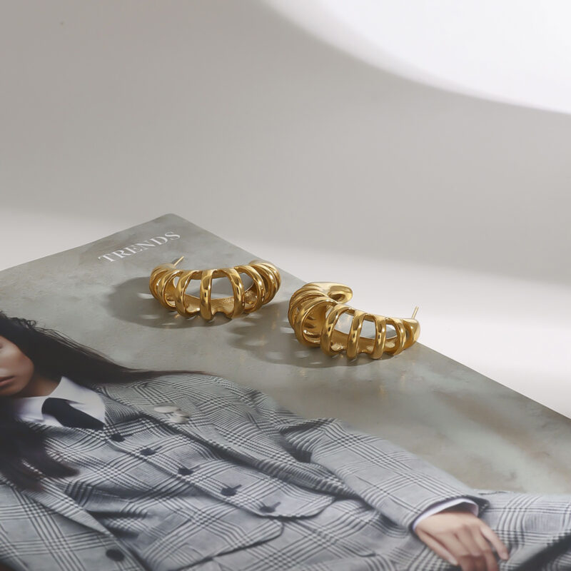 18K Gold Stainless Steel C-Shaped Hollow Hoop Earrings - Image 3