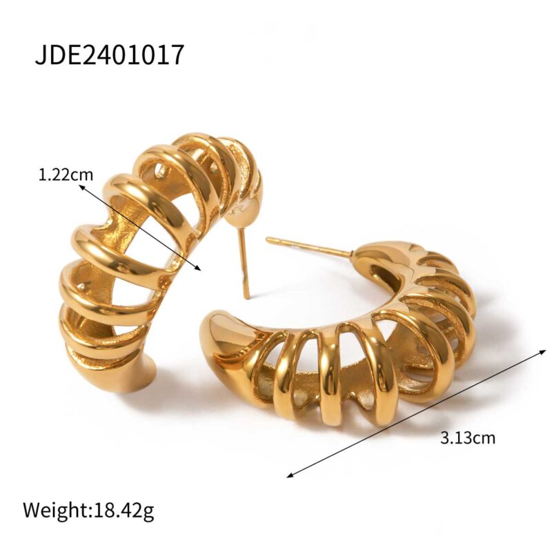 18K Gold Stainless Steel C-Shaped Hollow Hoop Earrings - Image 5