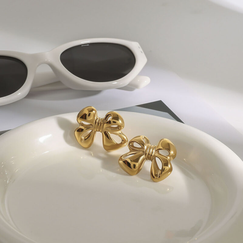 18K Gold Stainless Steel Bow Earrings - Image 2