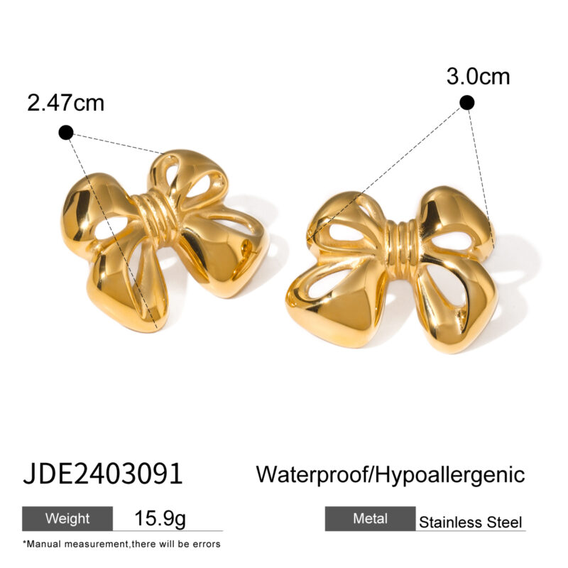 18K Gold Stainless Steel Bow Earrings - Image 4