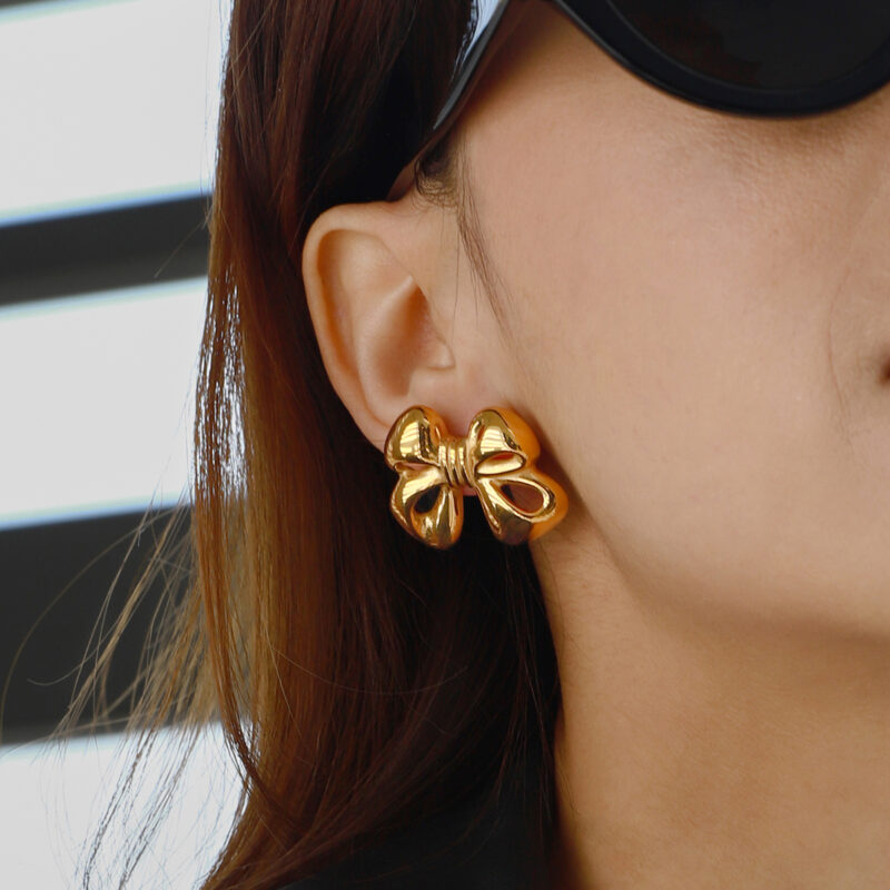 18K Gold Stainless Steel Bow Earrings - Image 3
