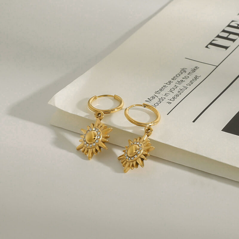 18K Gold Stainless Steel Sun Pendant Diamond Halo Earrings - Image 3
