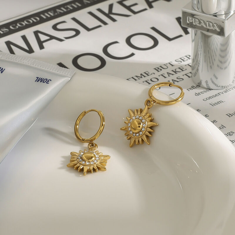 18K Gold Stainless Steel Sun Pendant Diamond Halo Earrings - Image 2