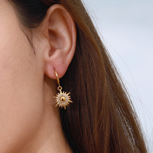 18K Gold Stainless Steel Sun Pendant Diamond Halo Earrings