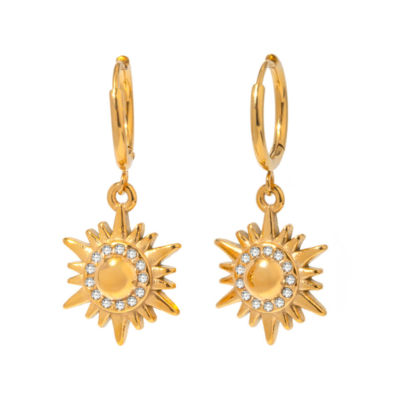 18K Gold Stainless Steel Sun Pendant Diamond Halo Earrings