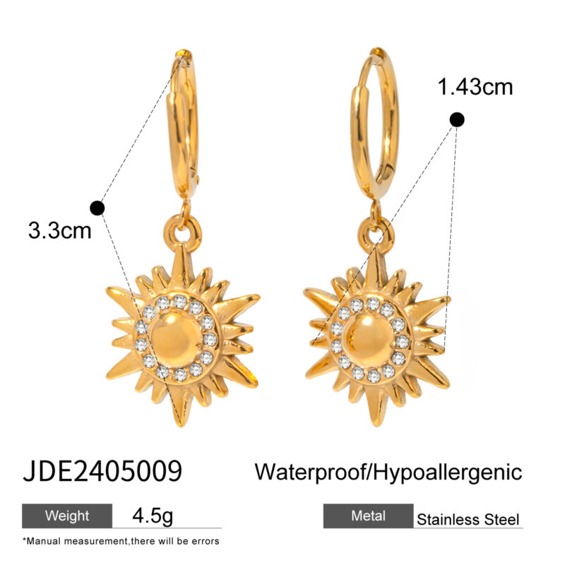 18K Gold Stainless Steel Sun Pendant Diamond Halo Earrings - Image 2