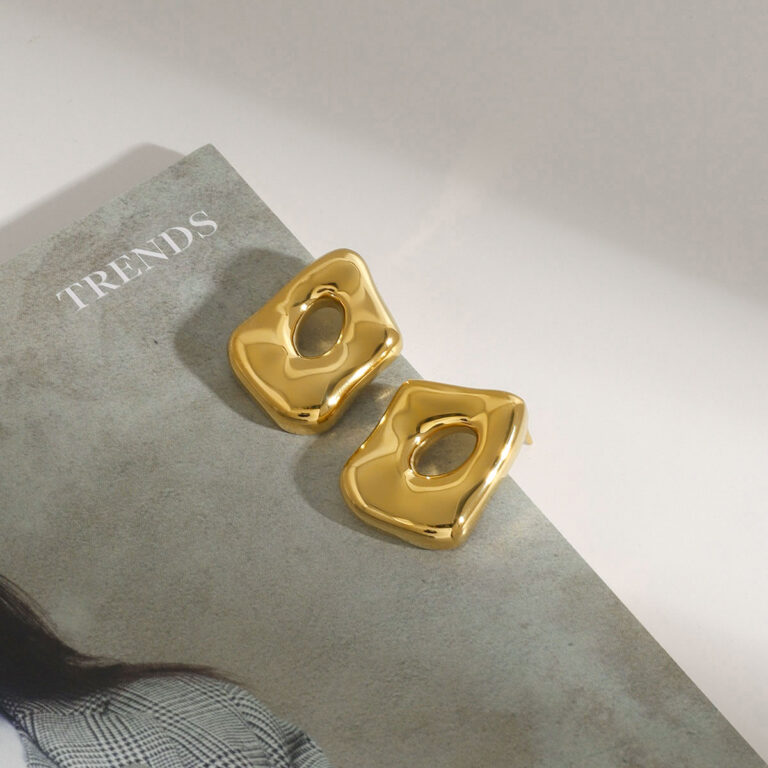 18K Gold Stainless Steel Geometric Hollow Earrings Pair (Left & Right) - Image 2