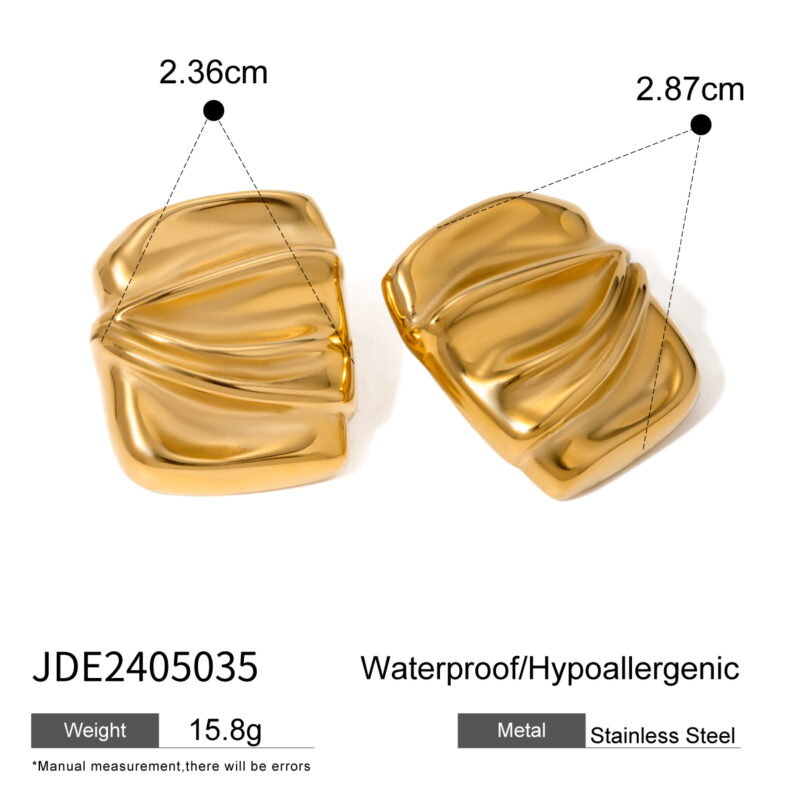 Unisex 18k Gold and Silver Plated Stainless Steel Rectangular Wrinkle Stud Earrings Trendy Left Right Pair - Image 5